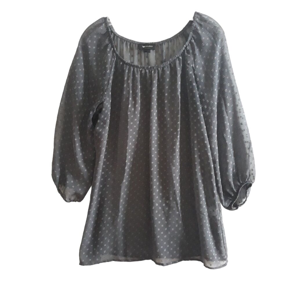 AB Studio Blouse Womens Large Grey Polka Dot  3/4 Elastic Sleeve Sheer